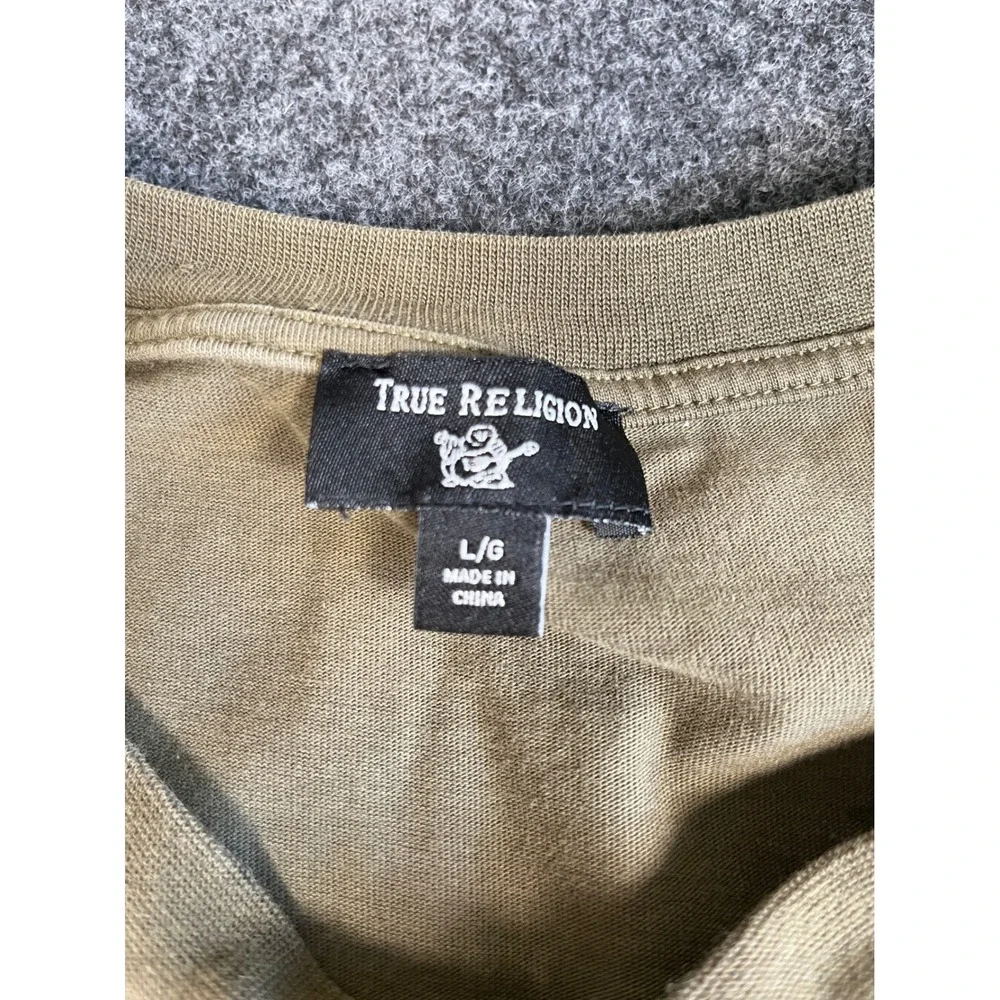 True Religion Mens Long Sleeve Henley Shirt Olive Green Raglan Cotton Large